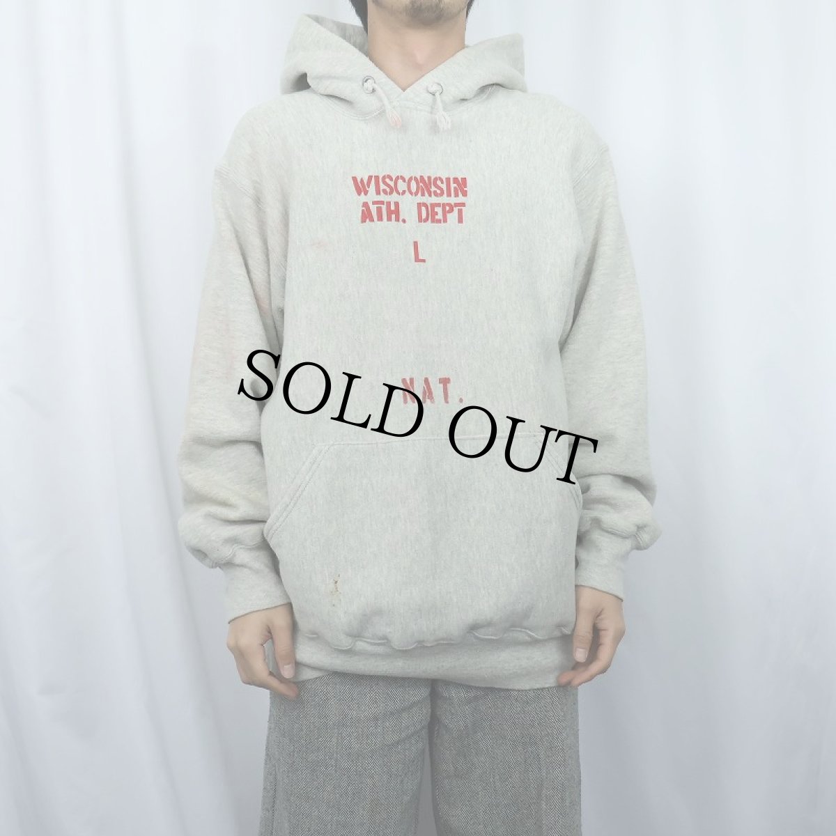 画像3: 90's MacGregor Sand-Knit REVERSE WEAVE TYPE コットン×レーヨン "WISCONSIN ATH.DEPT L" プリントスウェットフーディー L (3)