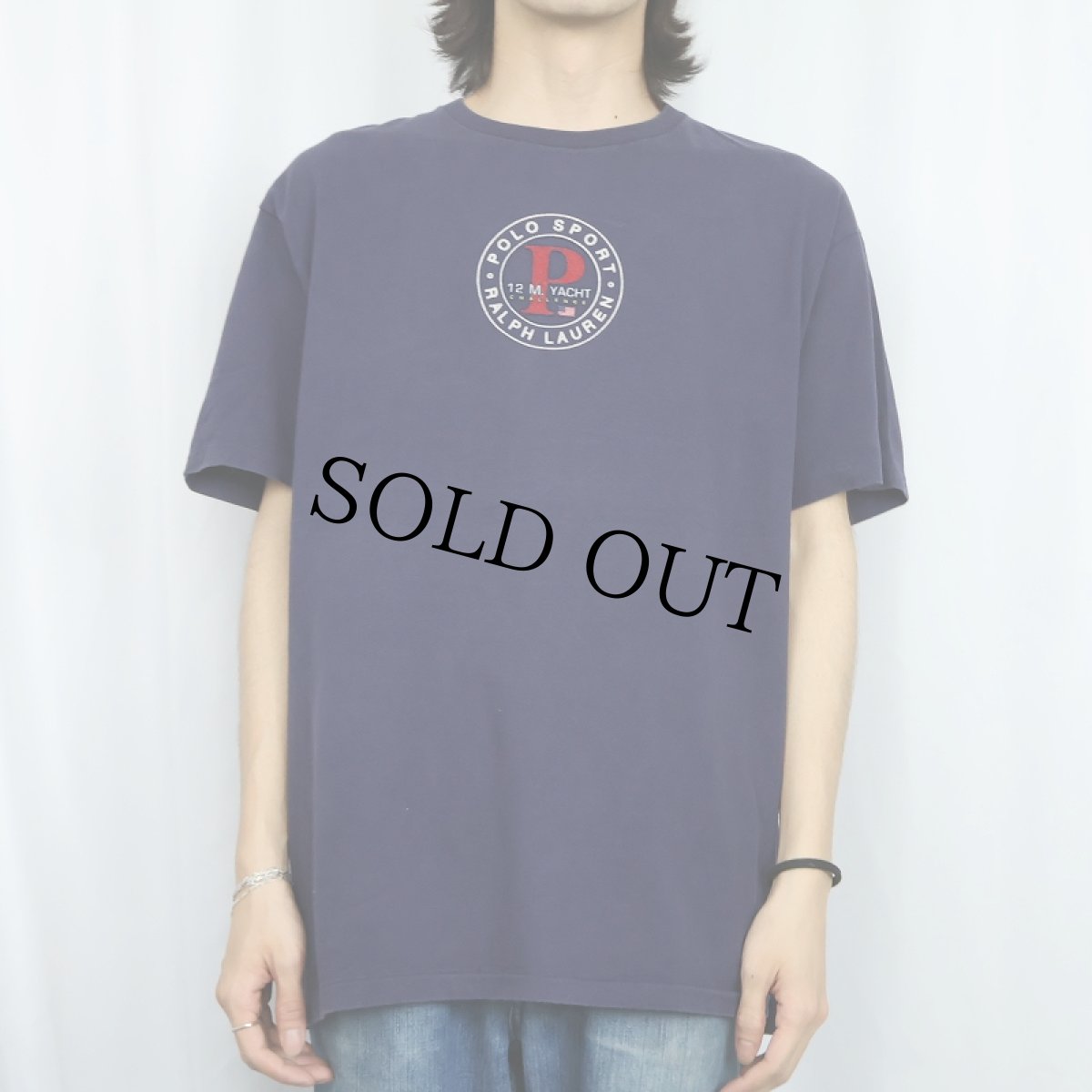 画像2: 90's POLO SPORT Ralph Lauren USA製 フロッキープリントTシャツ NAVY L (2)