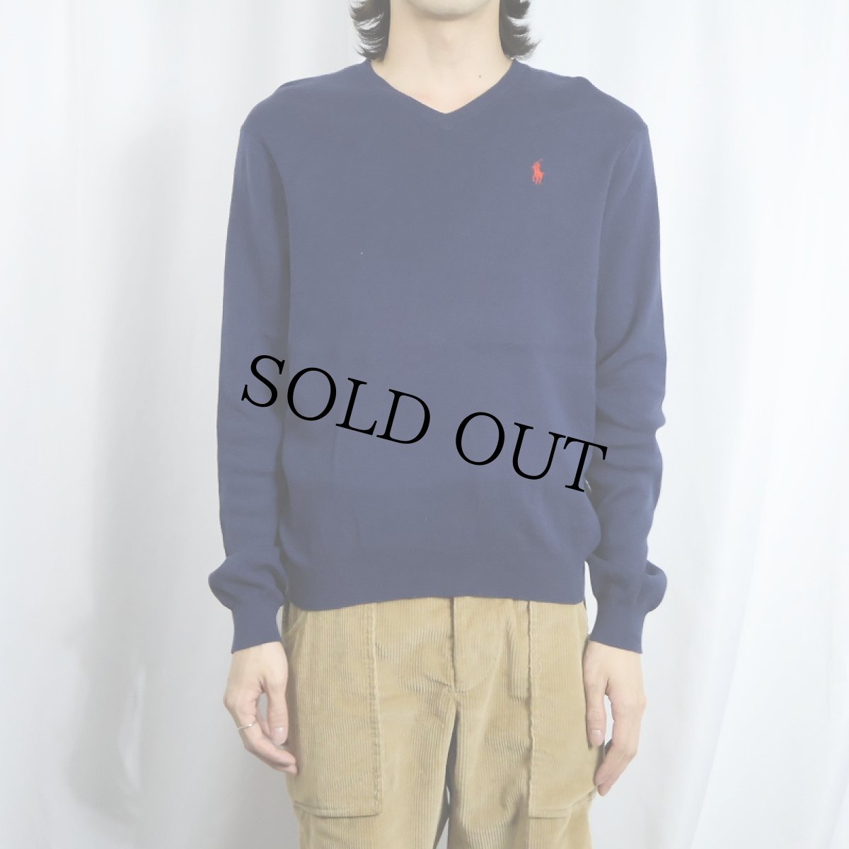 画像2: POLO Ralph Lauren ロゴ刺繍 Vネック ピマコットンニットセーター NAVY M (2)