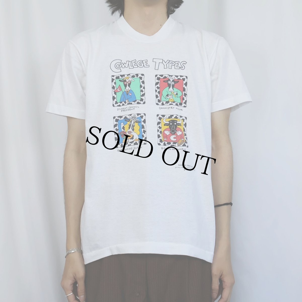 画像2: 90's SHOEBOX USA製 "COWLEGE TYPES" シュールプリントTシャツ L (2)