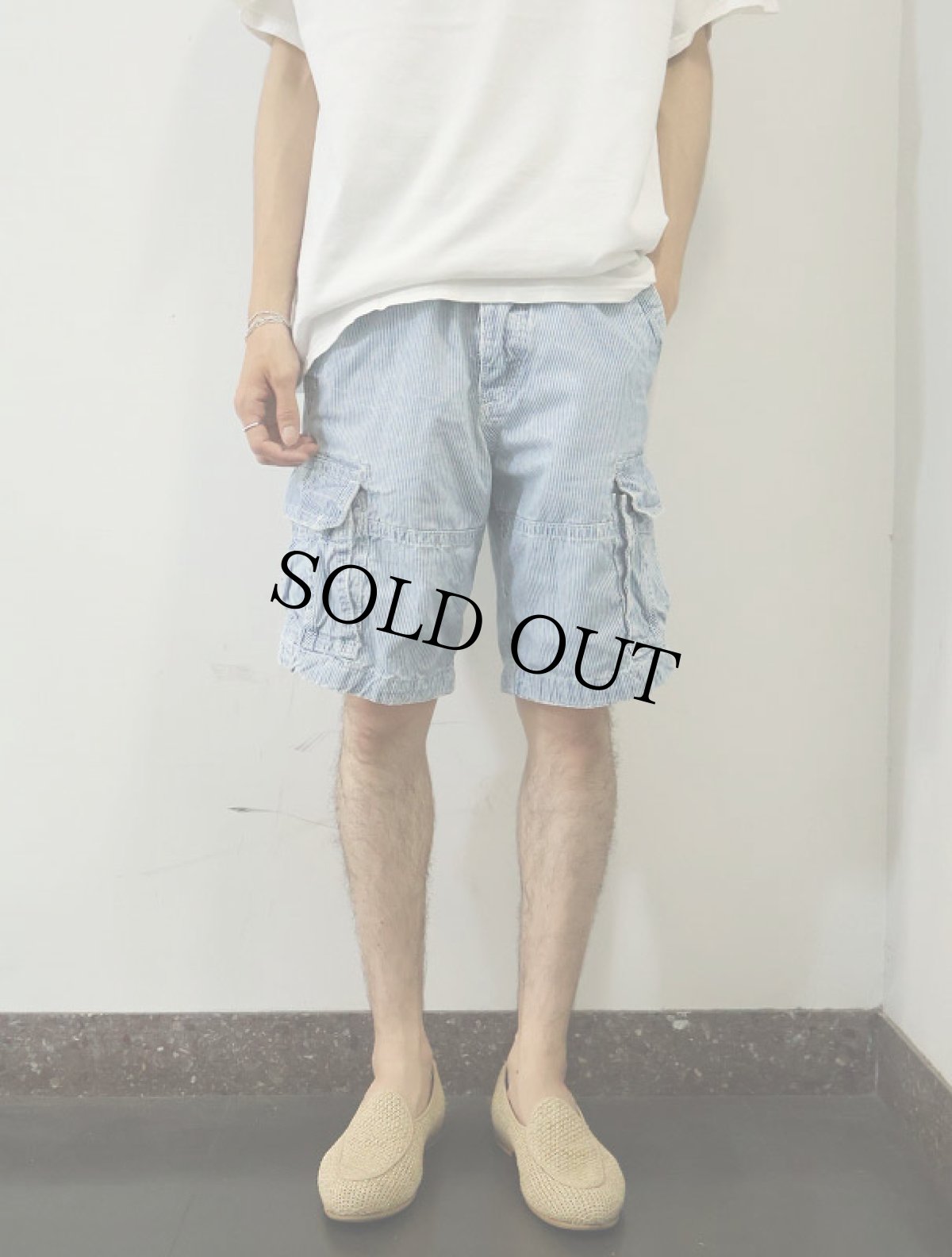 画像2: Abercrombie&Fitch ヒッコリーストライプ柄 デニムカーゴショーツ W35 (2)