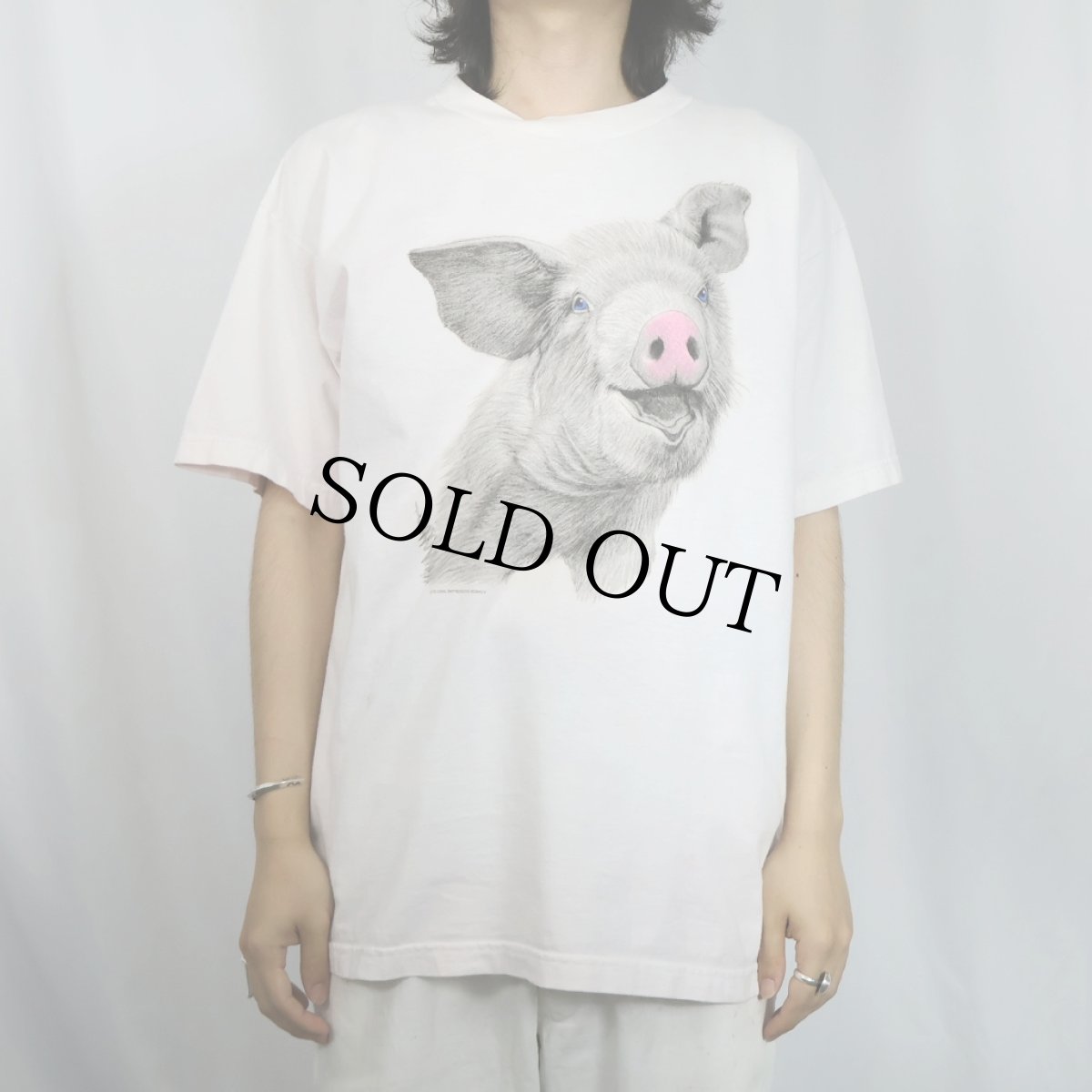 画像2: 【SALE】 ブタ イラストプリントTシャツ L (2)