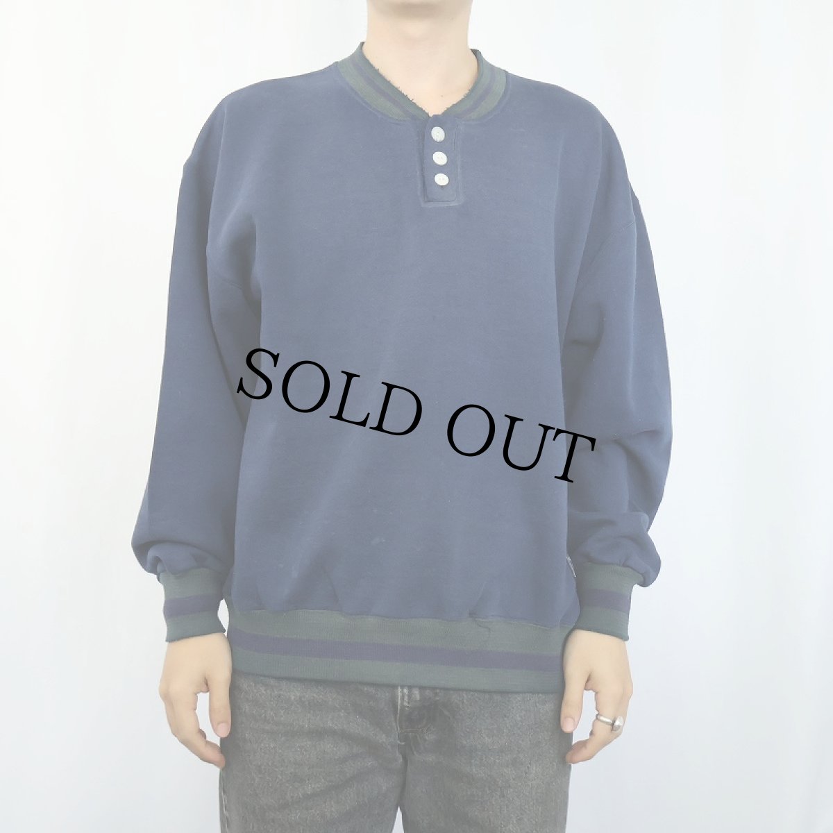 画像2: 90's RUSSELL ATHLETIC USA製 ボーダーリブ ヘンリーネックスウェット NAVY L (2)
