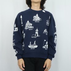 画像2: 90's MICHIGAN RAG CO. ライトハウス柄 プリントスウェット NAVY L (2)