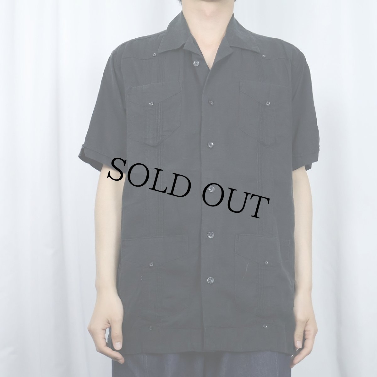 画像2: 90's MONTE CARLO リネン×レーヨン キューバシャツ BLACK S (2)