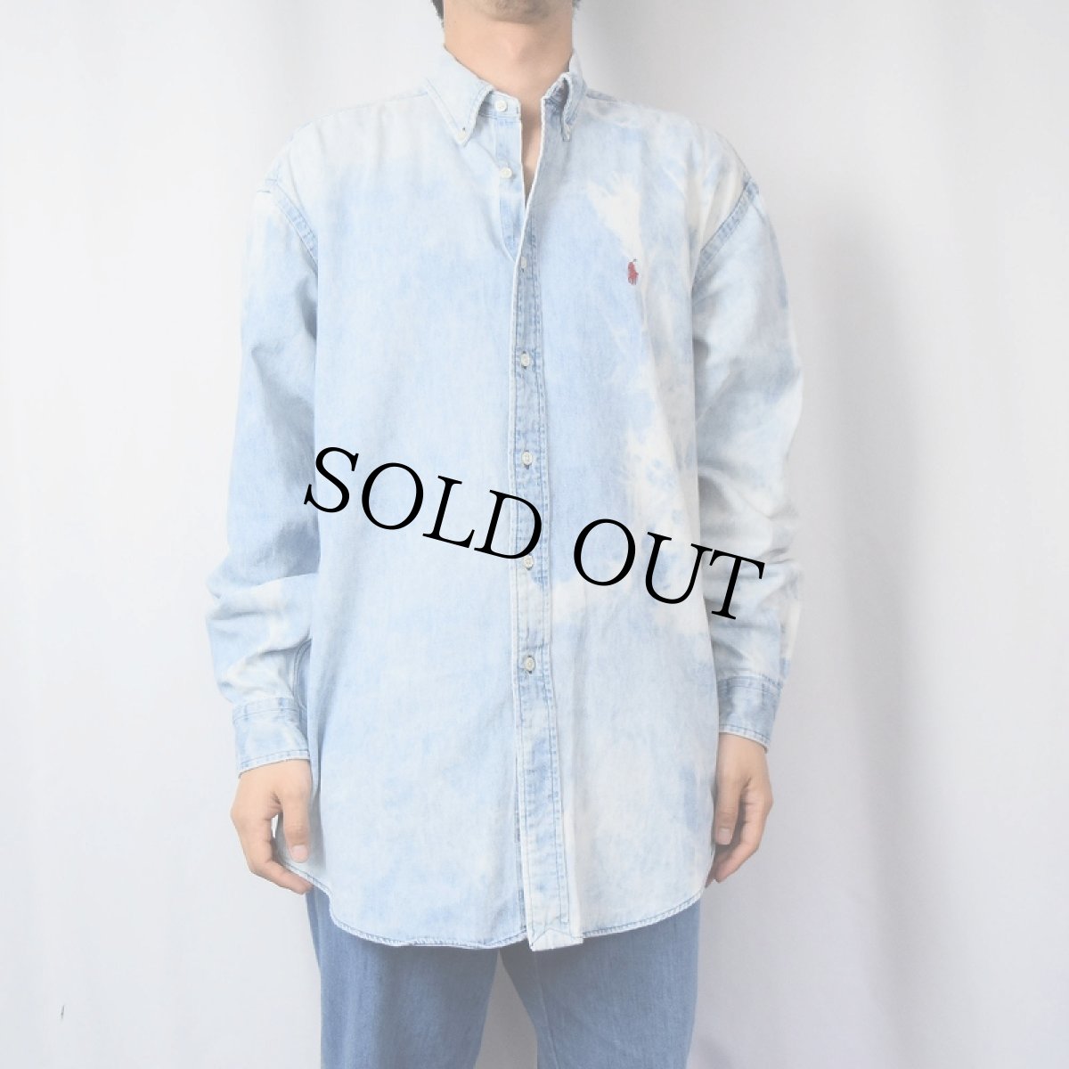 画像2: Ralph Lauren "BLAIRE" ロゴ刺繍 ブリーチ加工 デニムボタンダウンシャツ M (2)