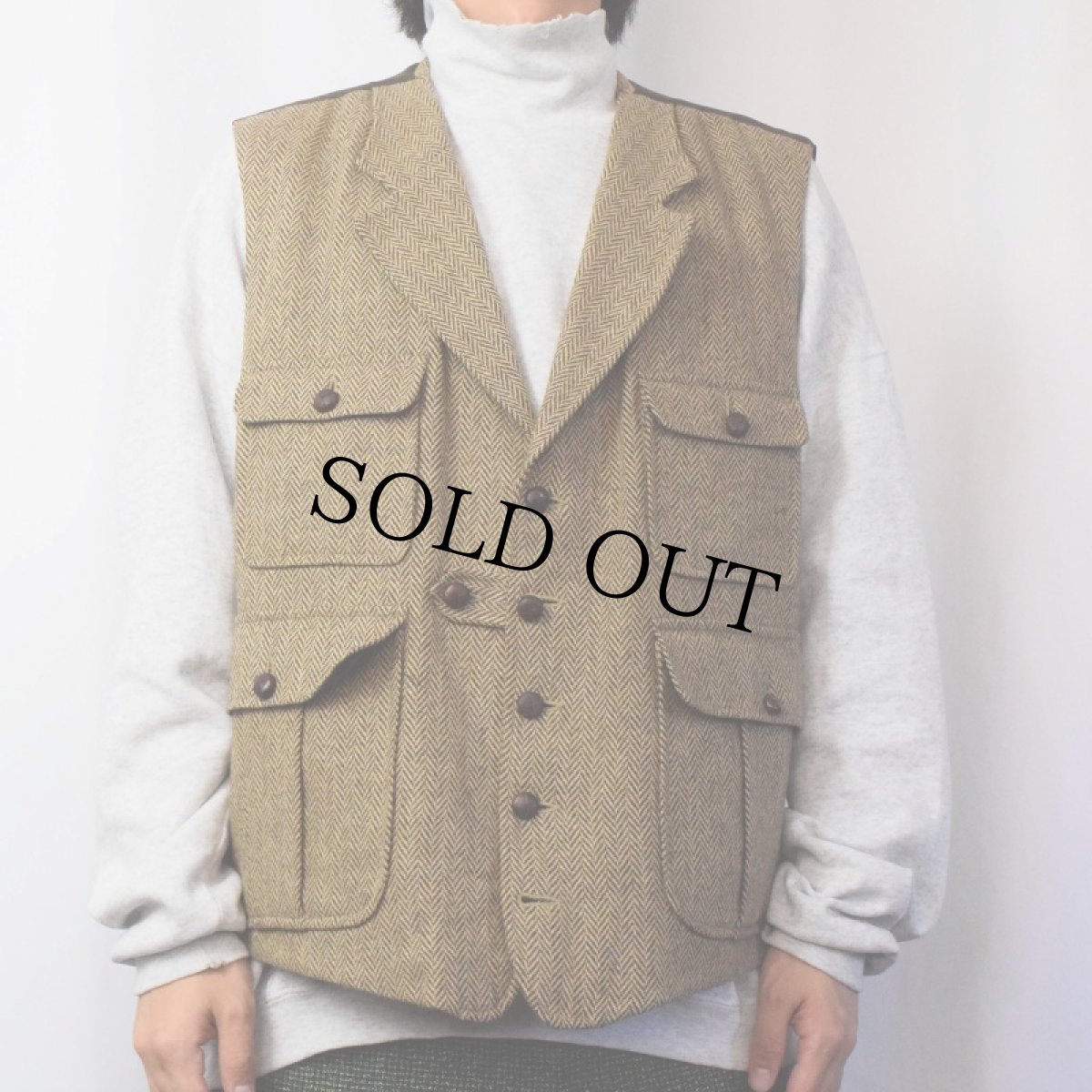 画像3: 90's BANANA REPUBLIC ヘリンボーン織 ツイードサファリベスト XL (3)