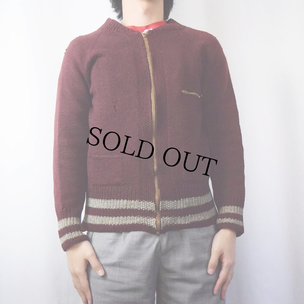 画像2: 40's〜 コの字エンド ボーダーリブ ニットカーディガン  (2)