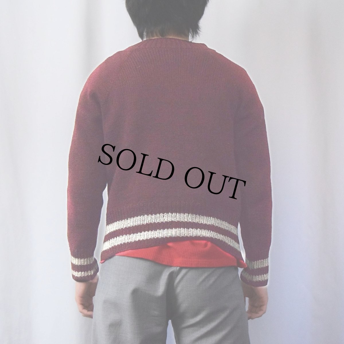 画像3: 40's〜 コの字エンド ボーダーリブ ニットカーディガン  (3)