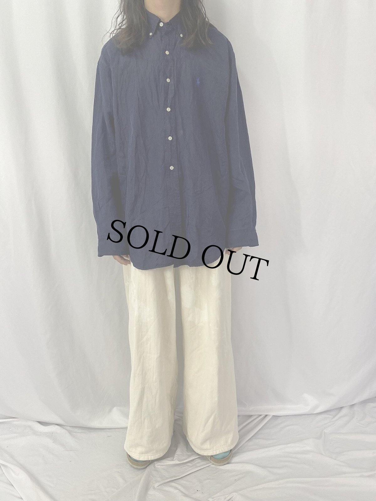 画像2: Ralph Lauren "BLAKE" シルク×リネンロゴ刺繍 ボタンダウンシャツ L NAVY (2)