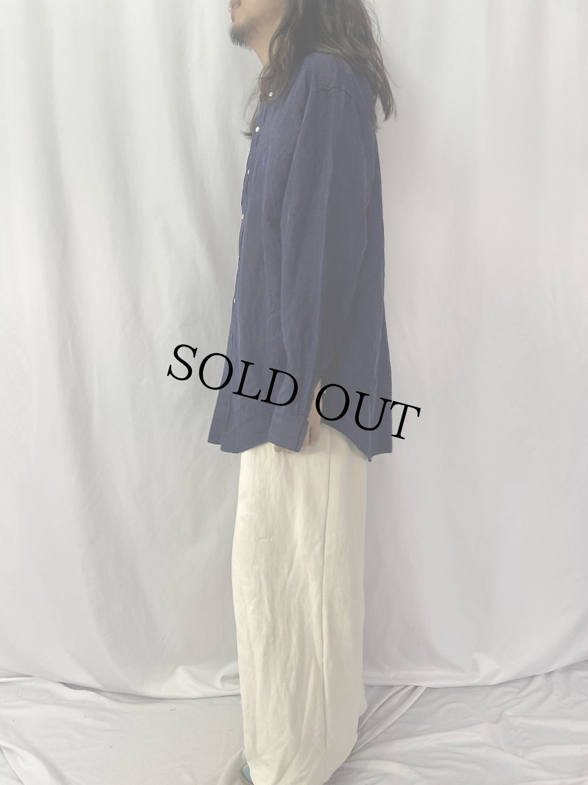 画像3: Ralph Lauren "BLAKE" シルク×リネンロゴ刺繍 ボタンダウンシャツ L NAVY (3)