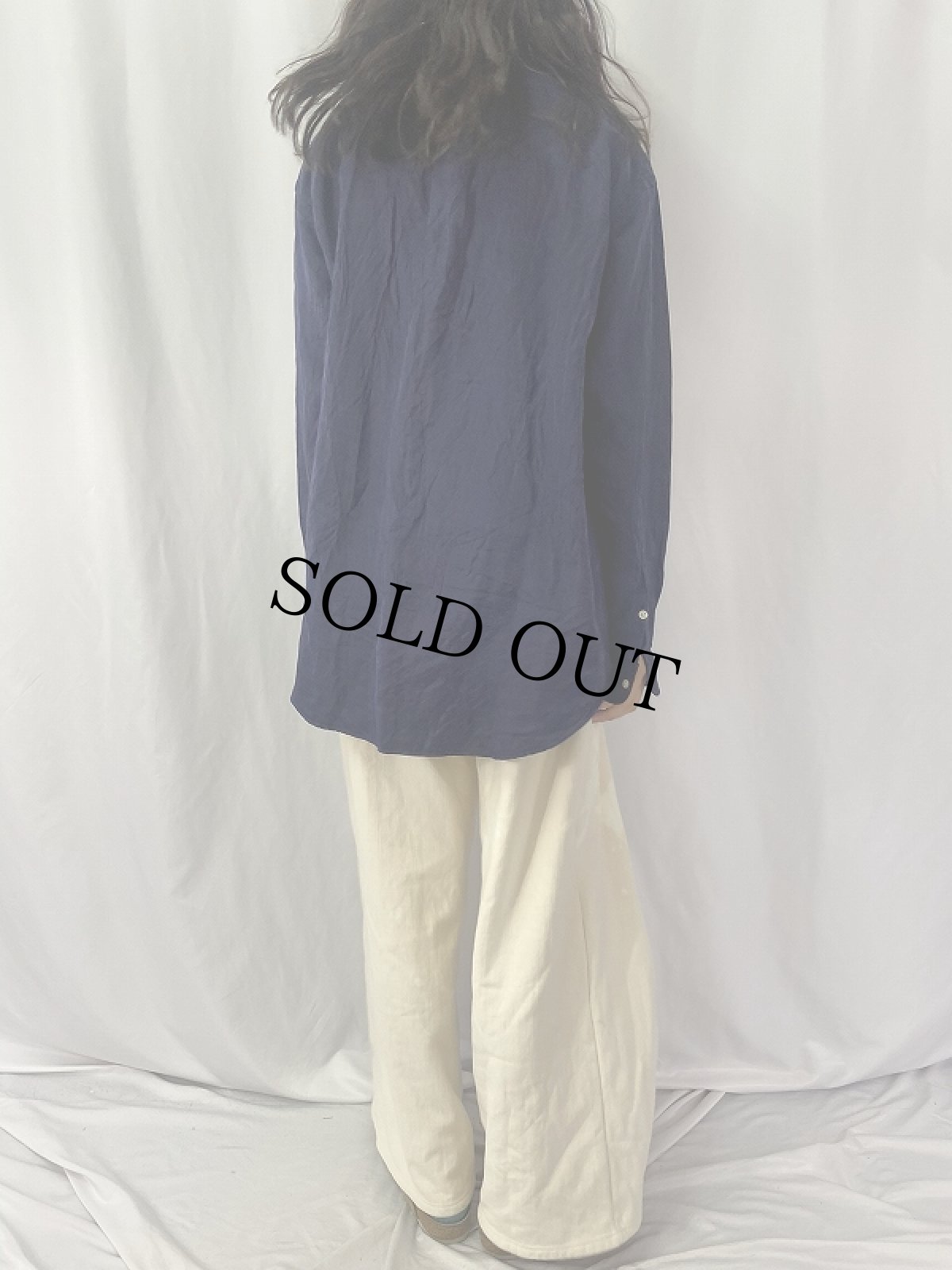 画像4: Ralph Lauren "BLAKE" シルク×リネンロゴ刺繍 ボタンダウンシャツ L NAVY (4)