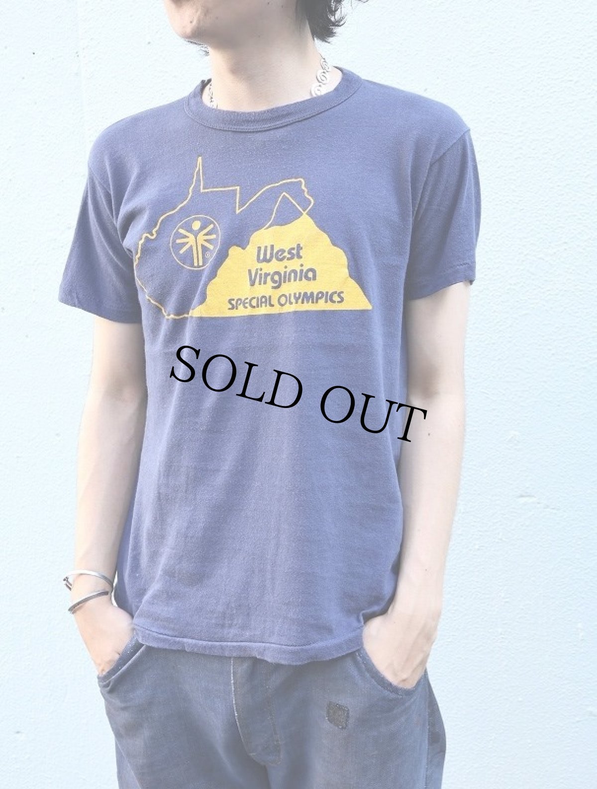 画像1: 70〜80's RUSSELL ATHLETIC 金タグ USA製 "West Virginia" プリントTシャツ NAVY M (1)