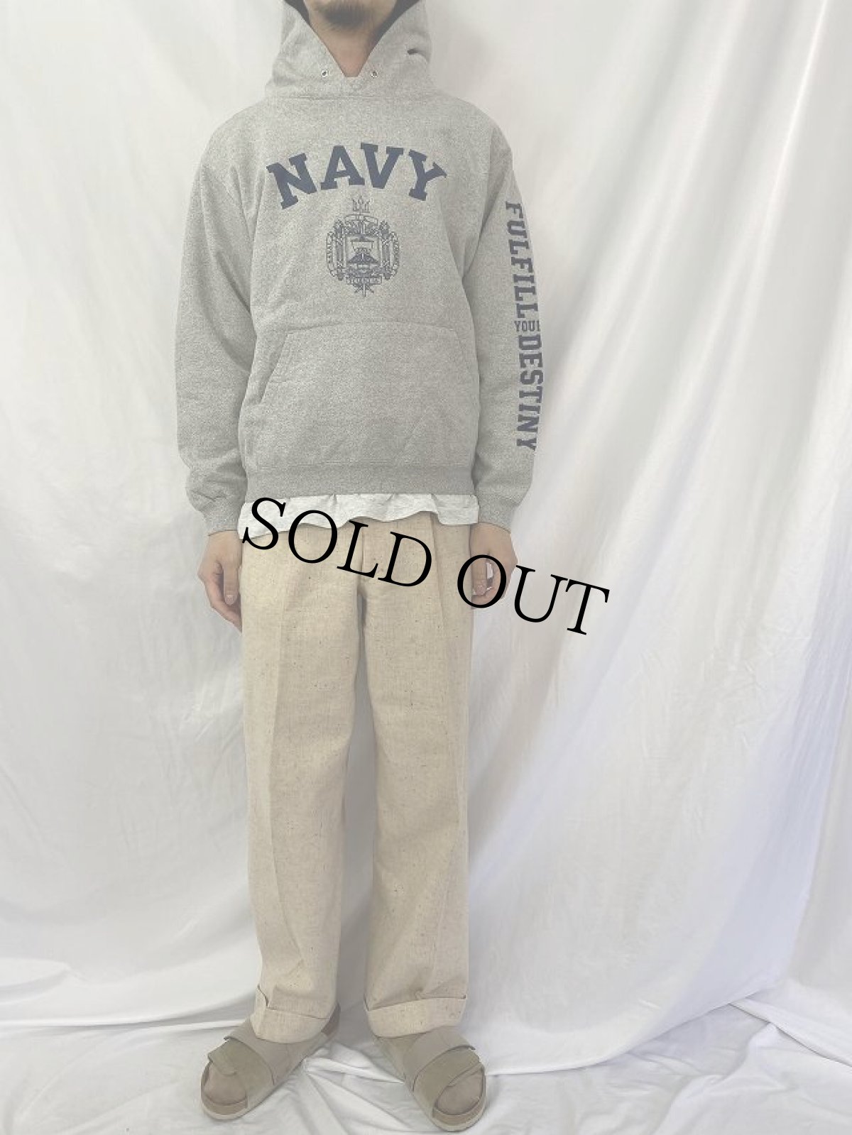 画像2: 90's U.S.NAVY USA製 袖プリント スウェットフーディー S (2)