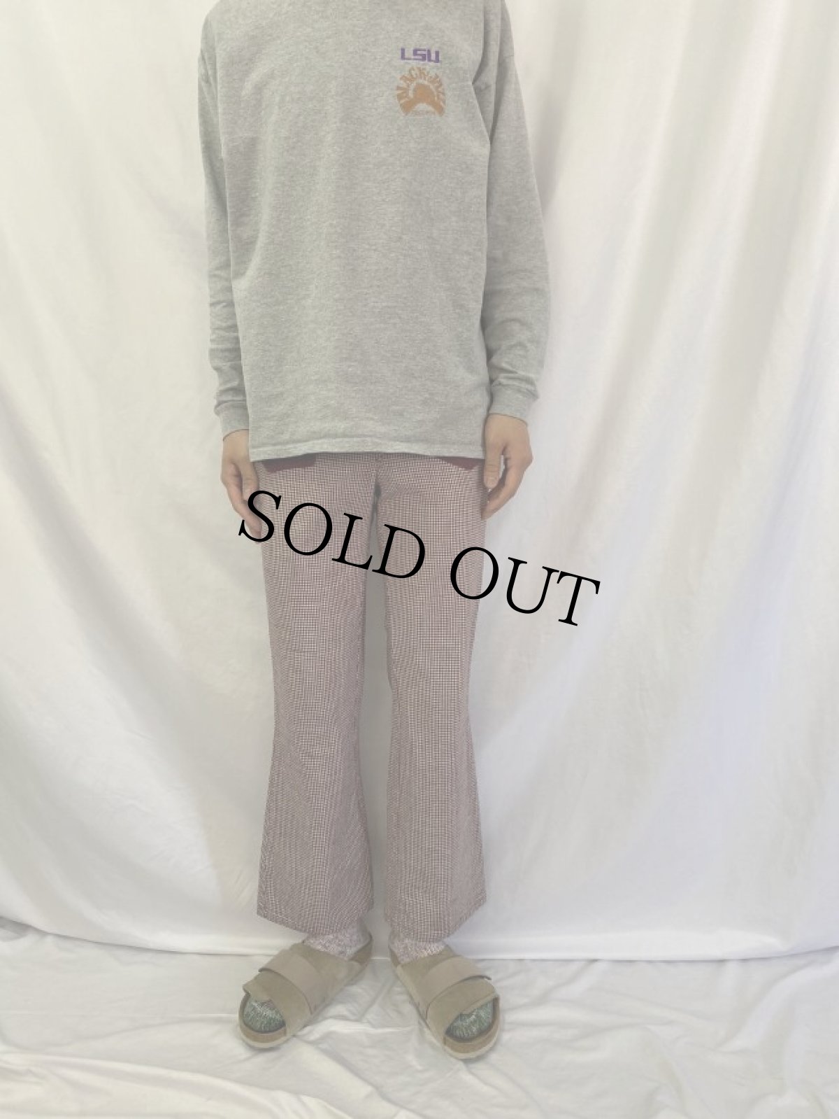 画像2: 70's 千鳥柄 切り替えデザイン フレアパンツ W28 (2)