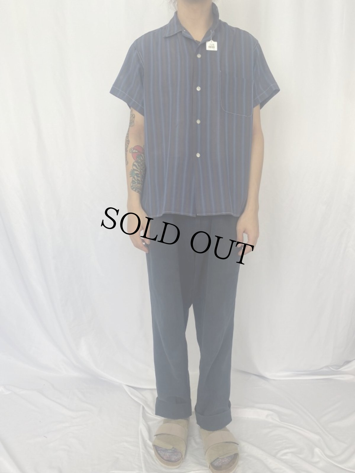 画像2: 60's Galey & Lord オンブレーストライプ柄 コットンオープンカラーシャツ M (2)