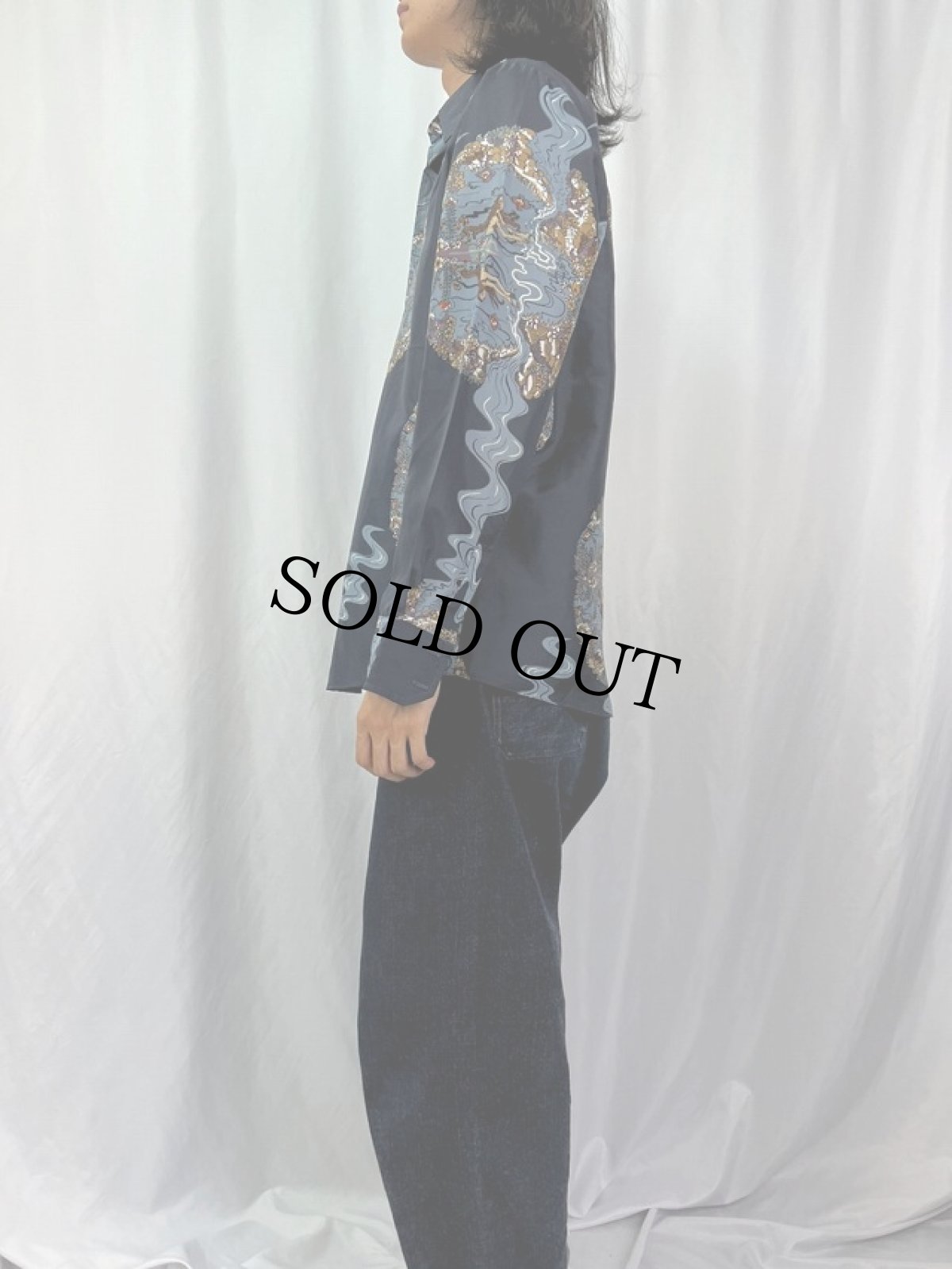 画像3: 70's Chemise Et Cie 総柄 ポリシャツ L NAVY (3)