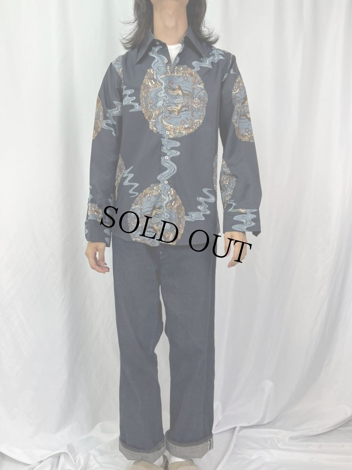 画像2: 70's Chemise Et Cie 総柄 ポリシャツ L NAVY (2)