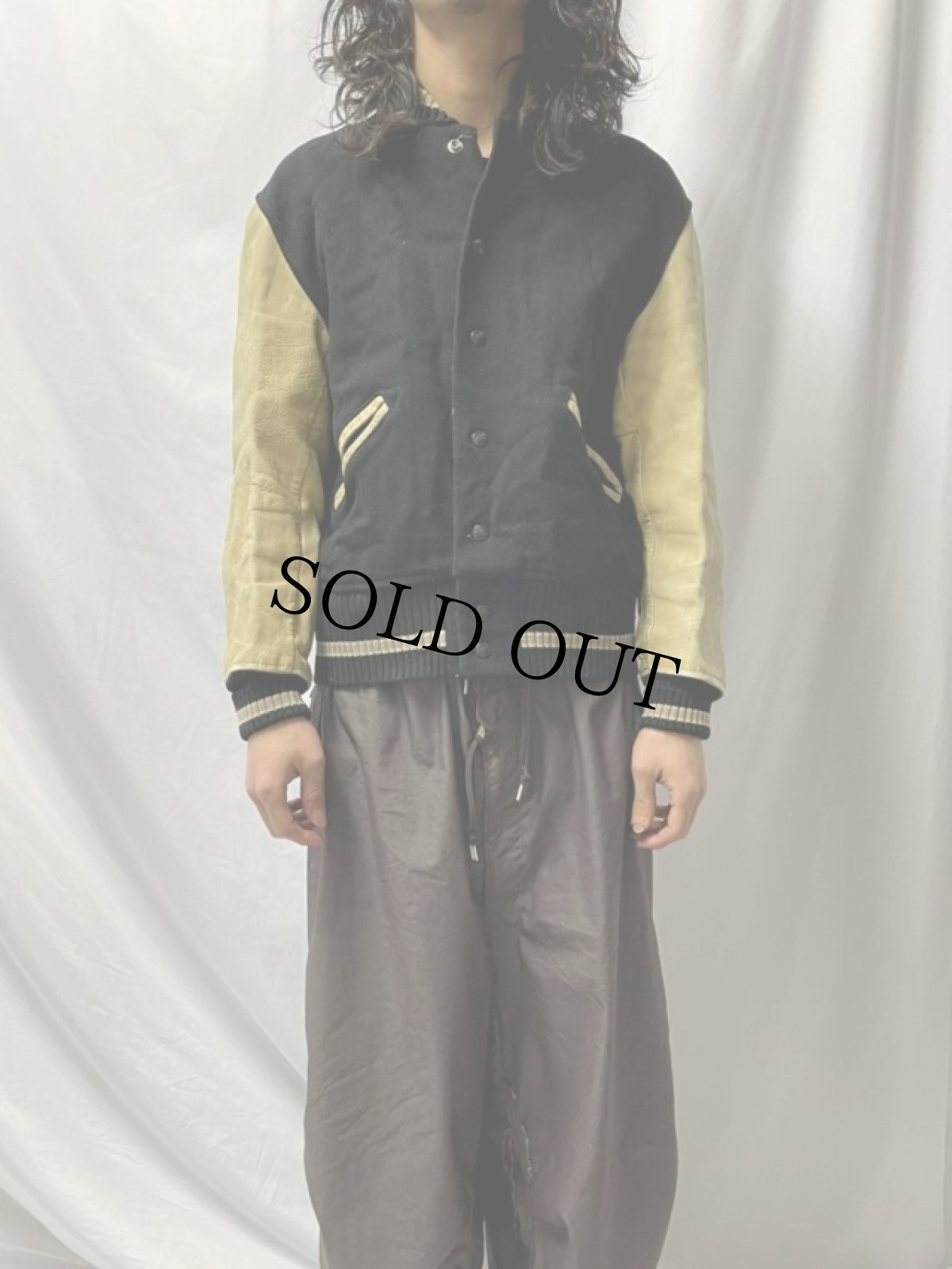 画像2: 60's WHITING パッチ付き レザー×ウール スタジャン (2)