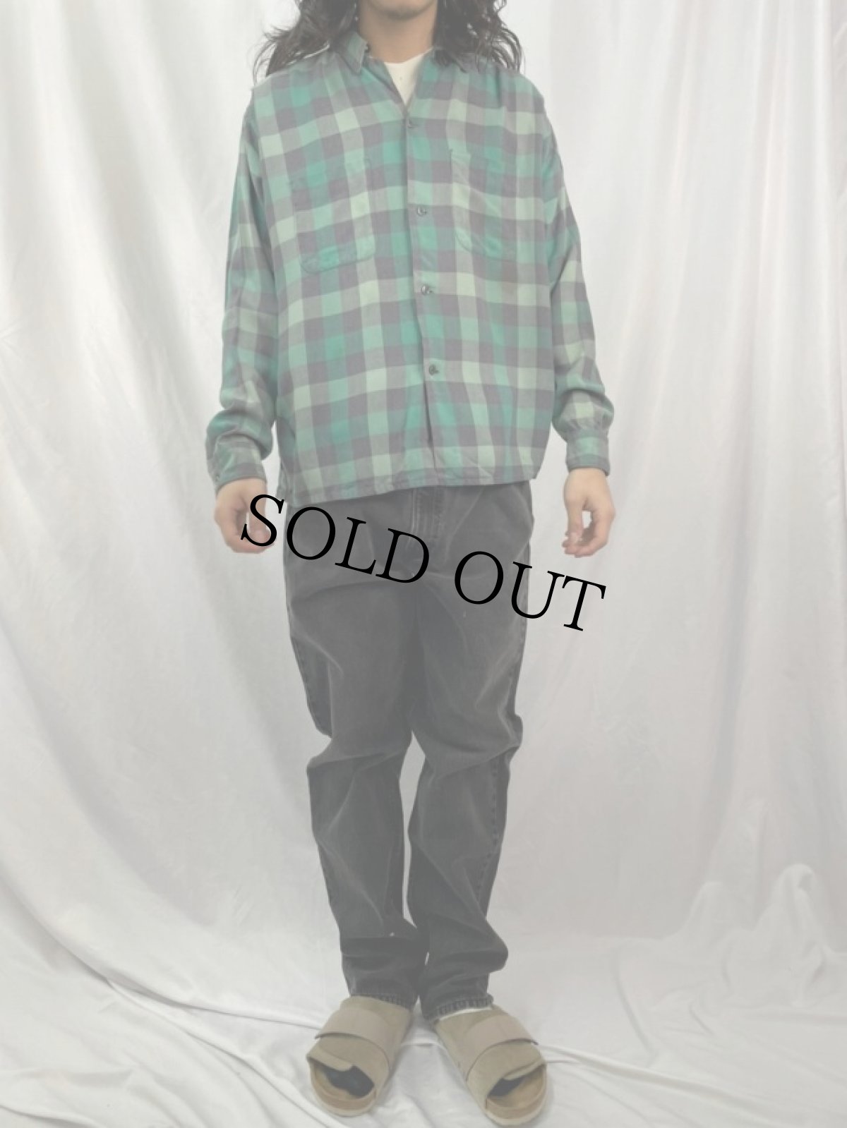 画像2: 60's ely walker ブロックチェック柄 オープンカラーシャツ L (2)