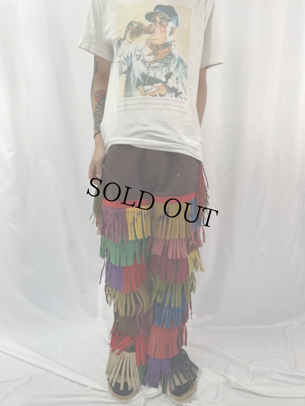 画像2: 80's Lee USA製 レザーフリンジ リメイクフレアパンツ W35 (2)