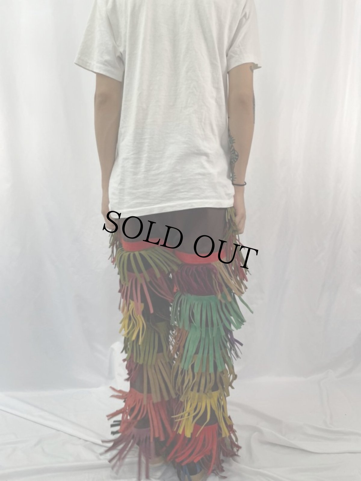 画像4: 80's Lee USA製 レザーフリンジ リメイクフレアパンツ W35 (4)