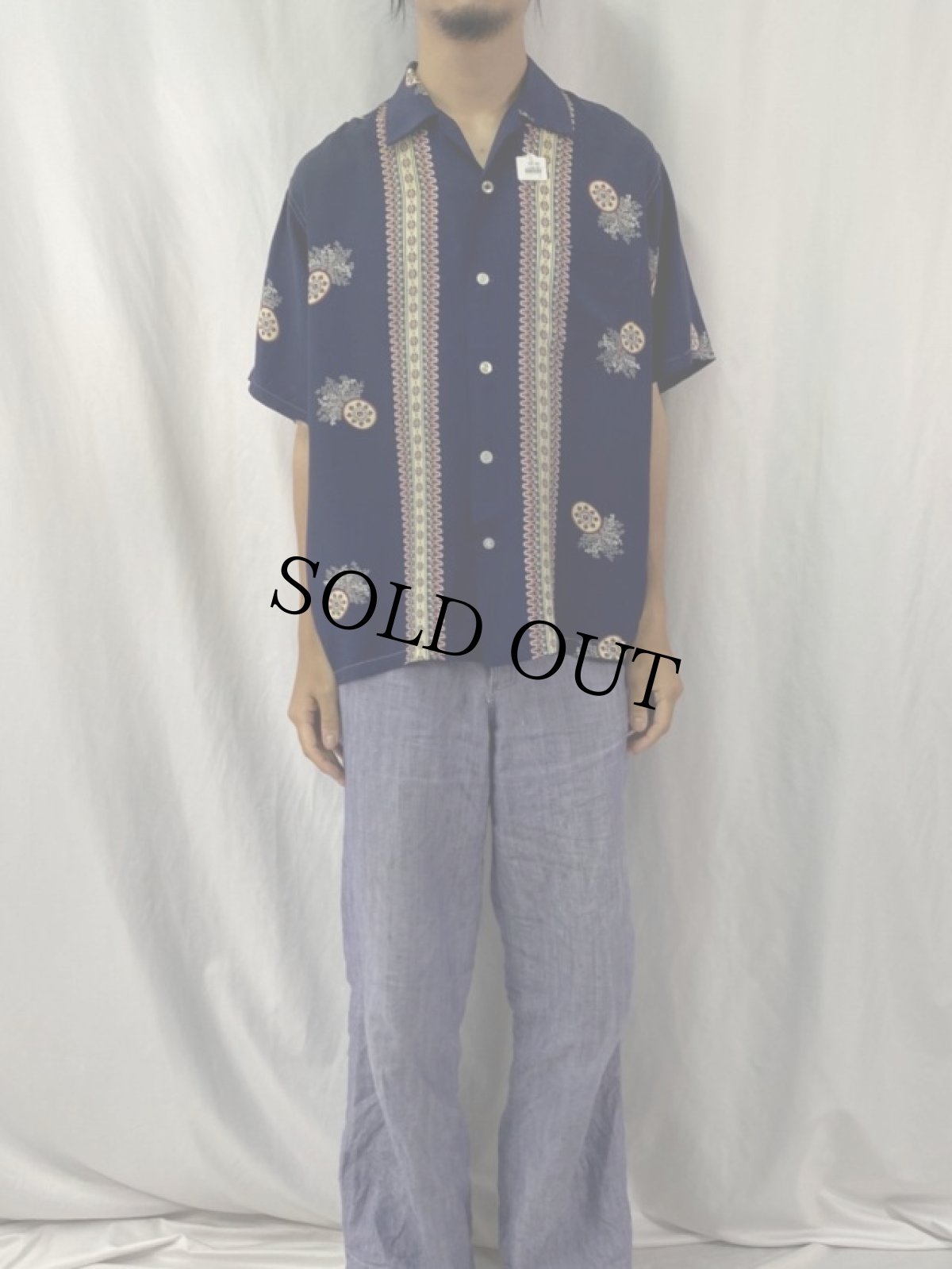 画像2: 50's KAHANAMOKU ボーダーパターン レーヨンアロハシャツ L (2)