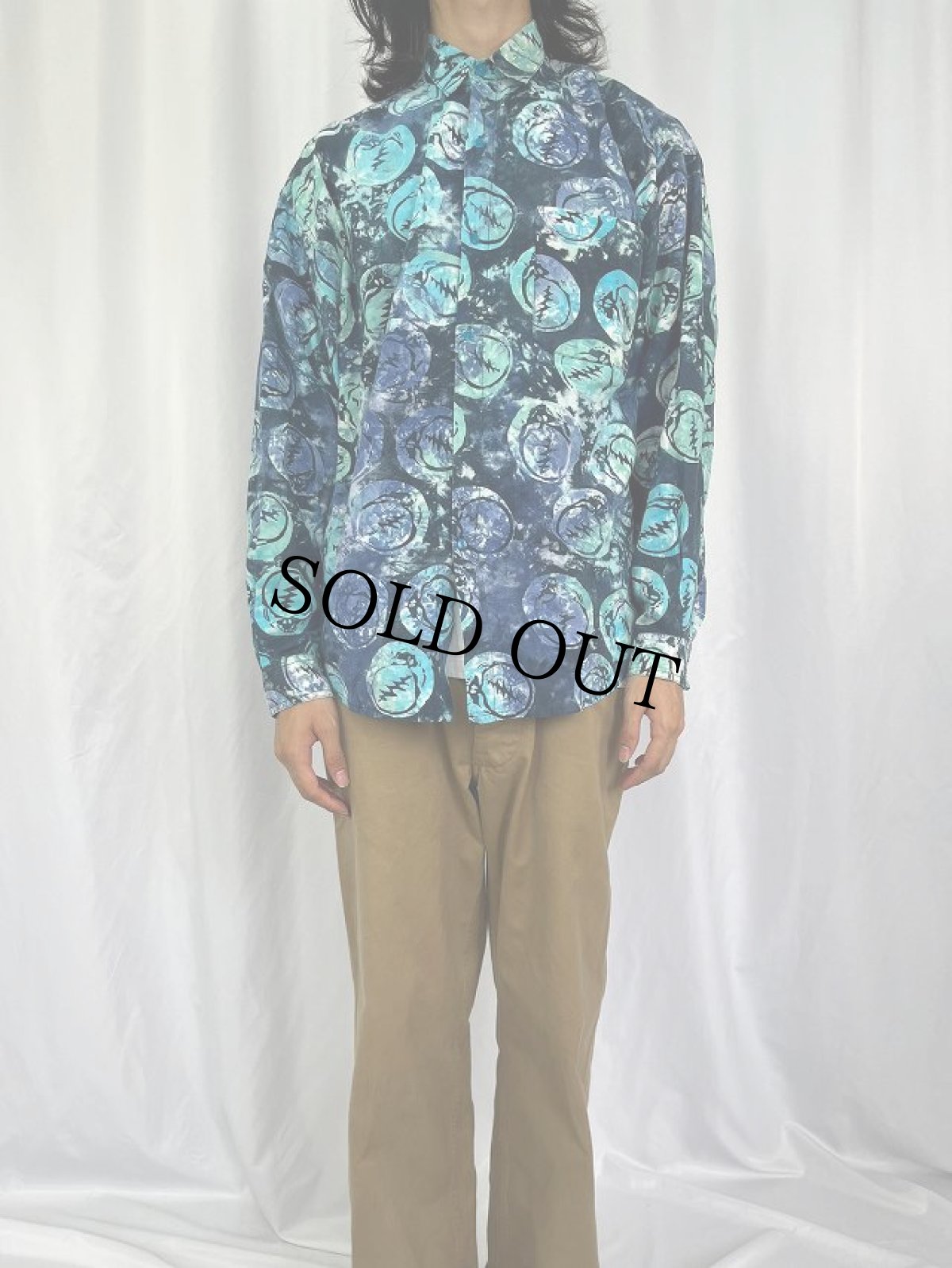 画像2: 90's GRATEFUL DEAD スカル柄 タイダイ染め コットンシャツ M (2)