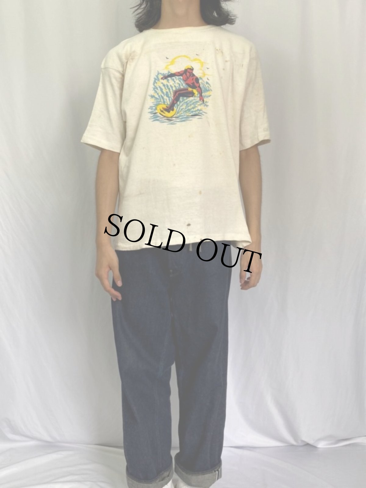 画像2: 70's Stallion by Healthknit サーファーイラストプリント フットボールTシャツ L (2)