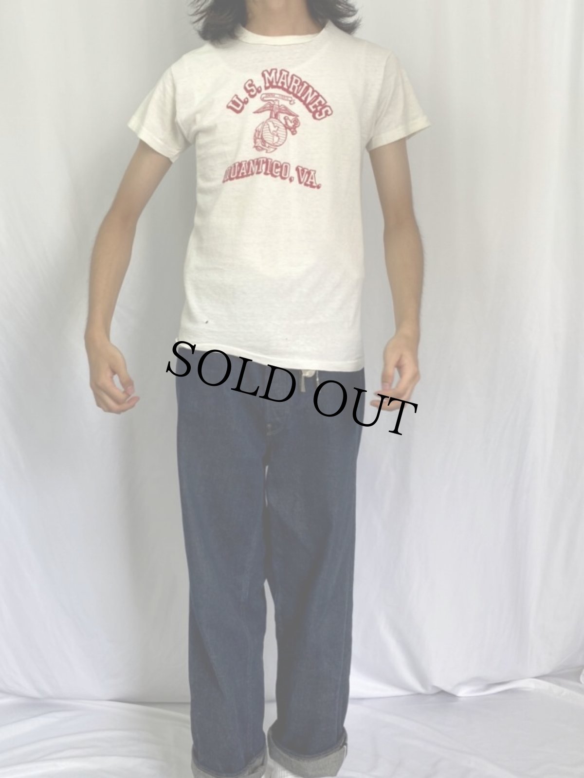 画像2: 60's U.S.MARINES QUANTICO,VA. 染み込みプリントTシャツ M (2)