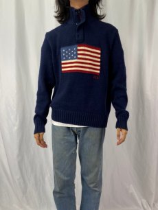 画像2: POLO Ralph Lauren 星条旗柄 ハーフジップ コットンニットセーター L NAVY (2)