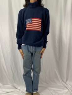 画像2: 90's POLO COUNTRY Ralph Lauren 星条旗柄 ハイネック コットンニットセーター L NAVY (2)