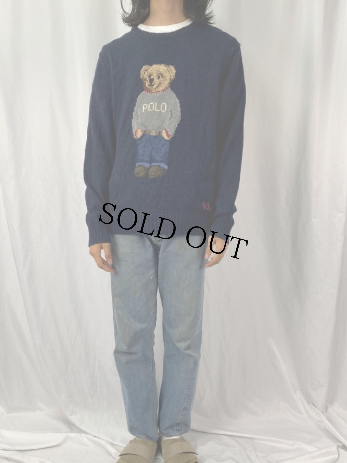 画像2: POLO Ralph Lauren ポロベア コットン×リネンニットセーター L NAVY (2)