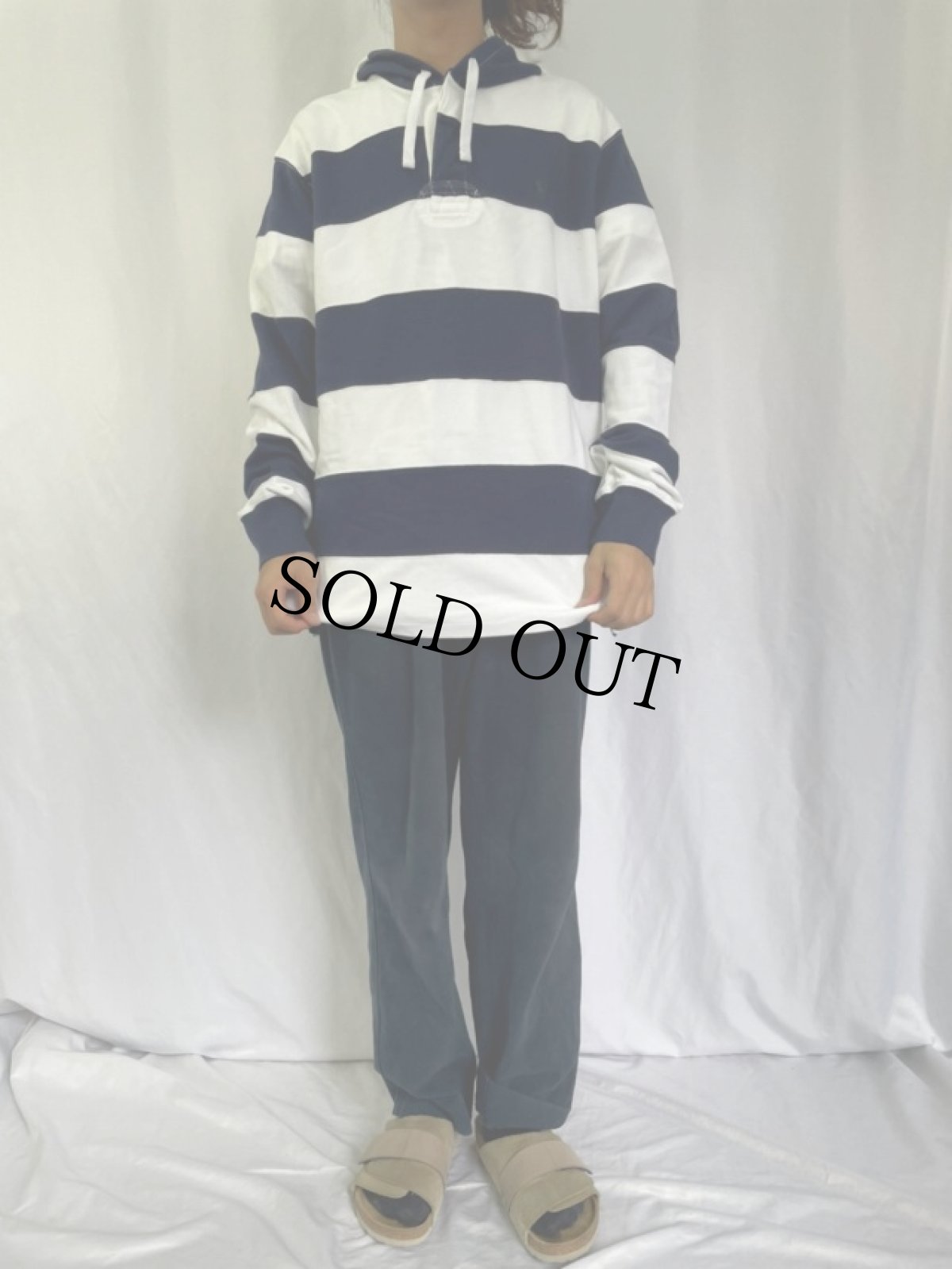 画像2: POLO Ralph Lauren ボーダー柄 フード付きラガーシャツ DEADSTOCK XL (2)