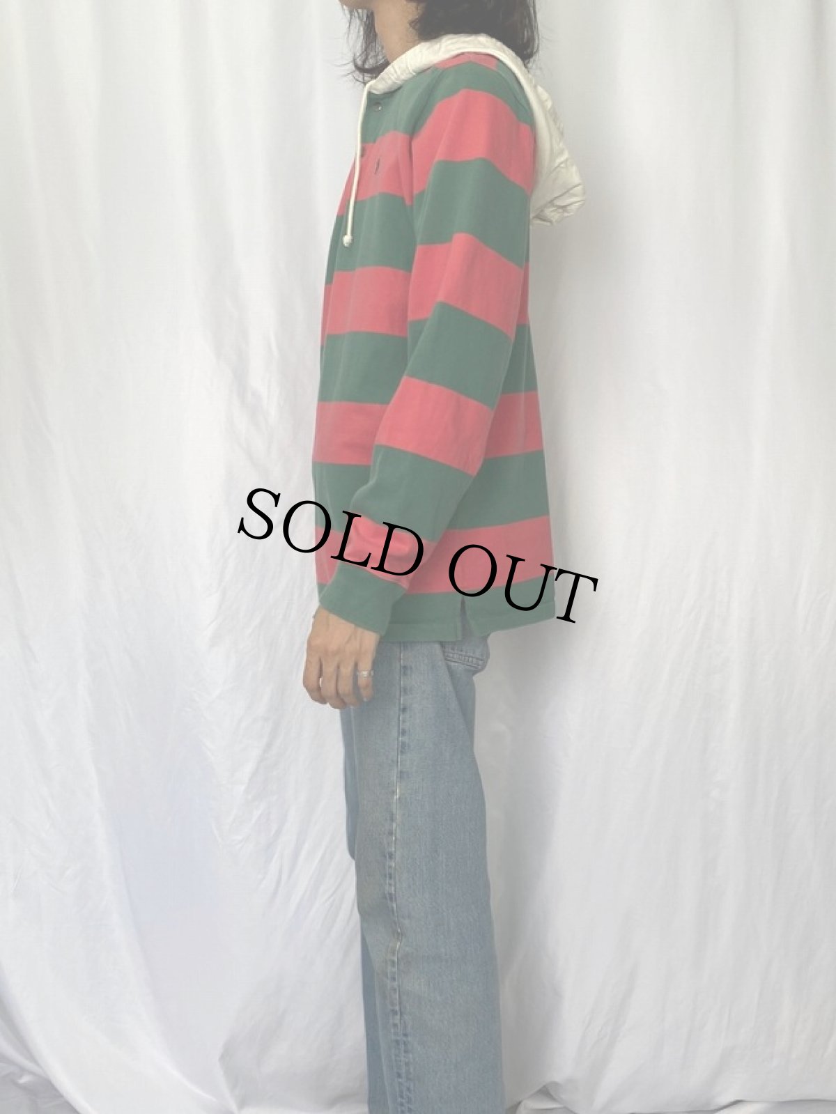 画像3: Polo Ralph Lauren ボーダー柄 フード付きラガーシャツ XL (3)