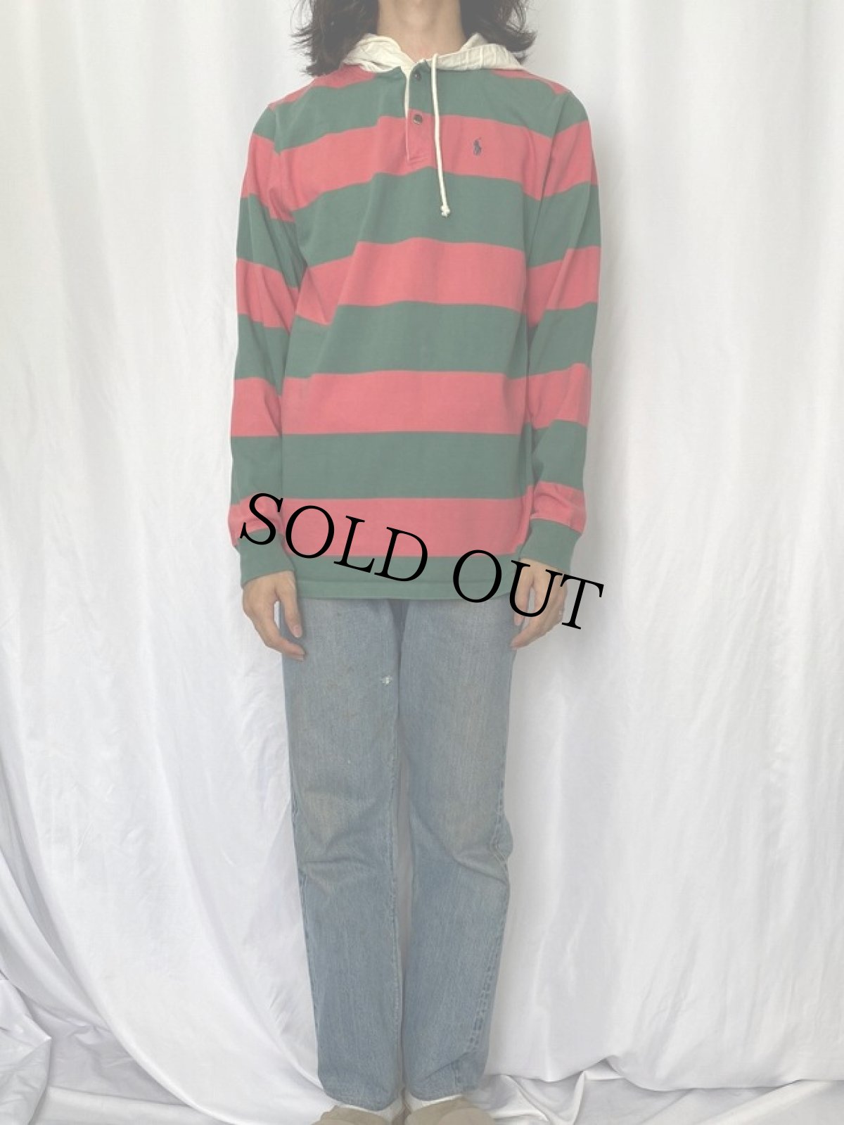 画像2: Polo Ralph Lauren ボーダー柄 フード付きラガーシャツ XL (2)
