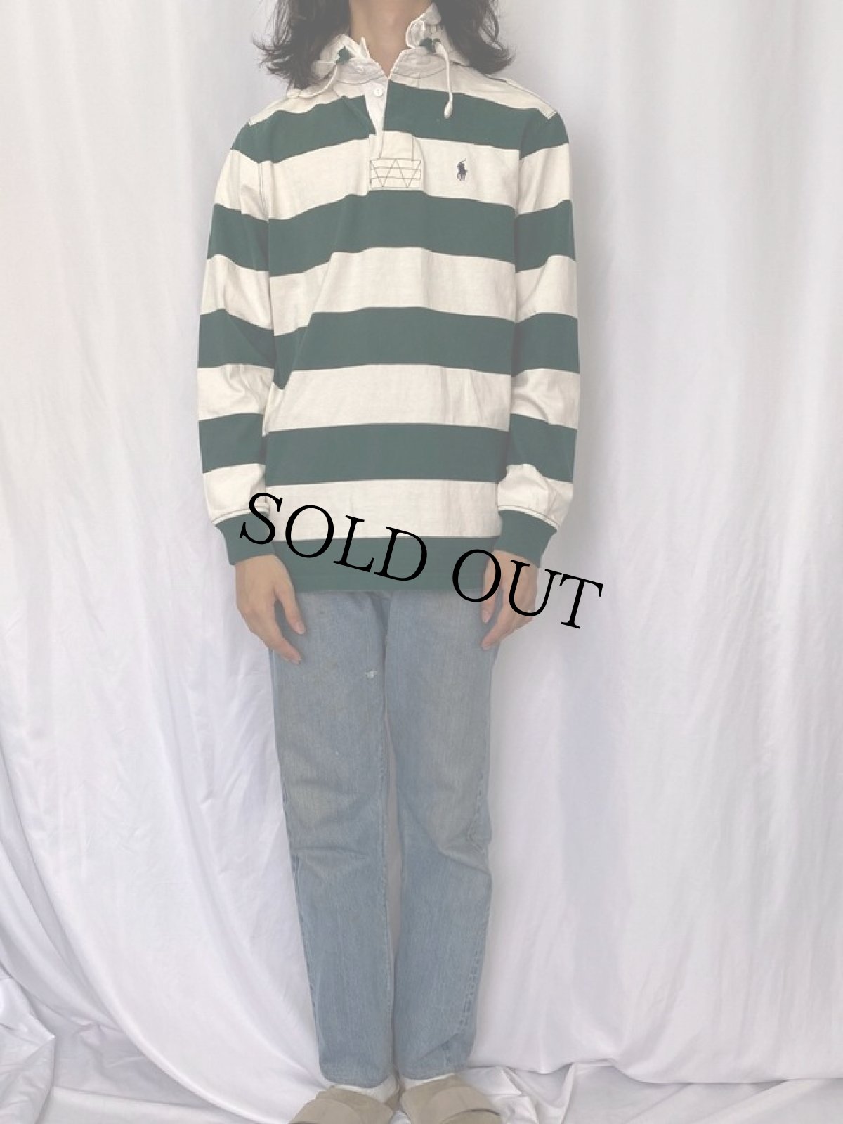 画像2: Polo Ralph Lauren ボーダー柄 フード付きラガーシャツ M WHITE×GREEN (2)