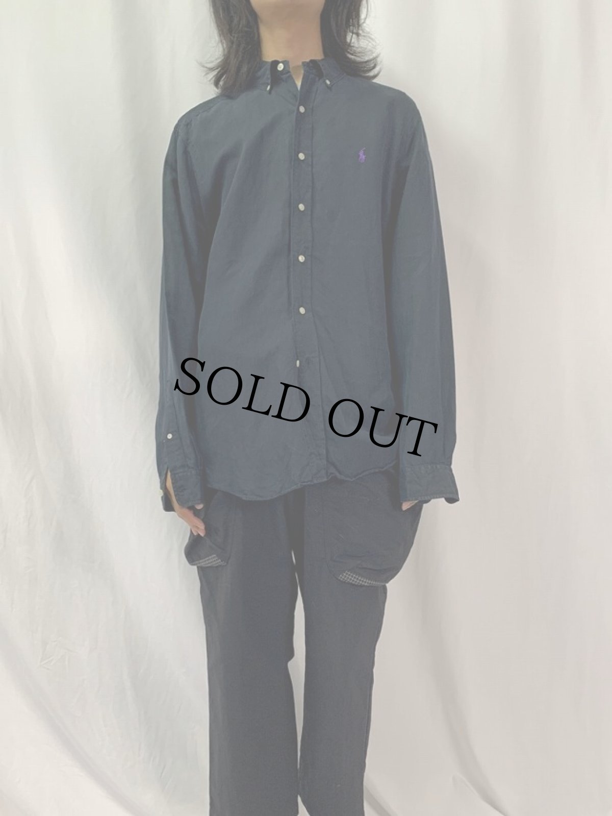 画像2: POLO Ralph Lauren "CLASSIC FIT" リネン×シルク ボタンダウンシャツ L BLACK (2)