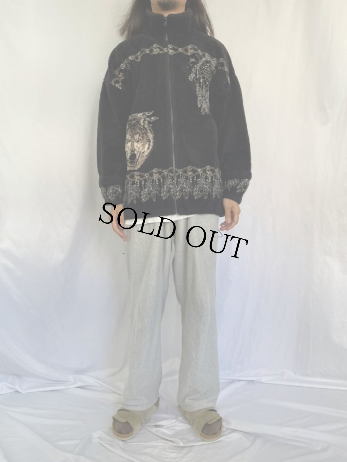 画像2: 90's BEAR RIDGE USA製 オオカミ柄 フリースジャケット XL (2)