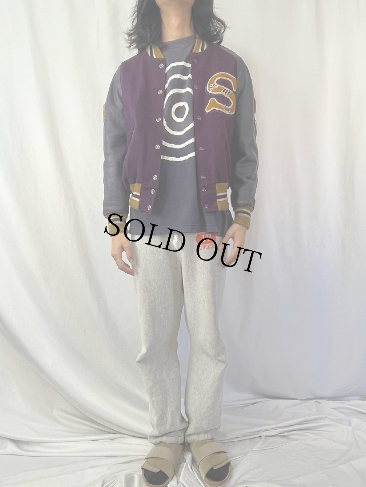 画像2: 60's DeLONG SPORTSWEAR USA製 パッチ付き ウール×レザー スタジャン SIZE38 (2)