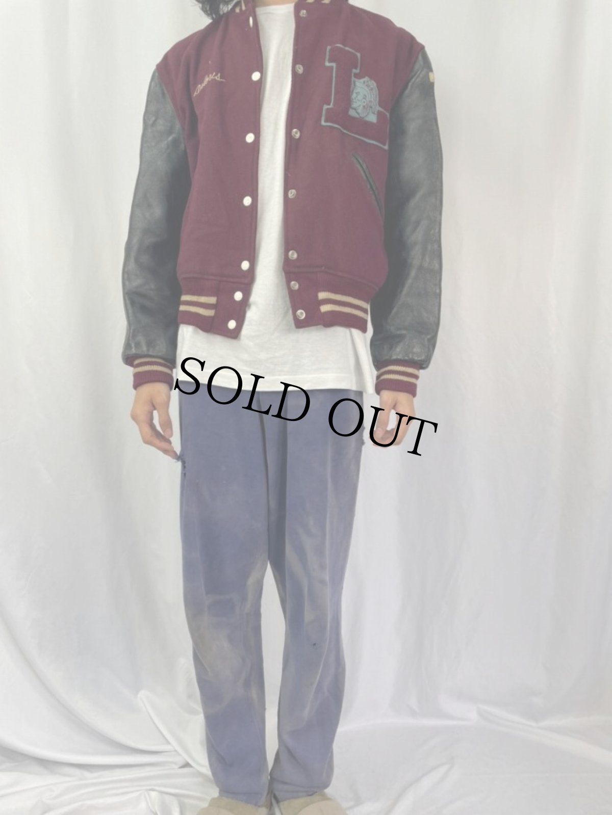 画像2: 【SALE】 50's THE STANDARD PENNANT パッチ付き ウール×レザースタジャン (2)