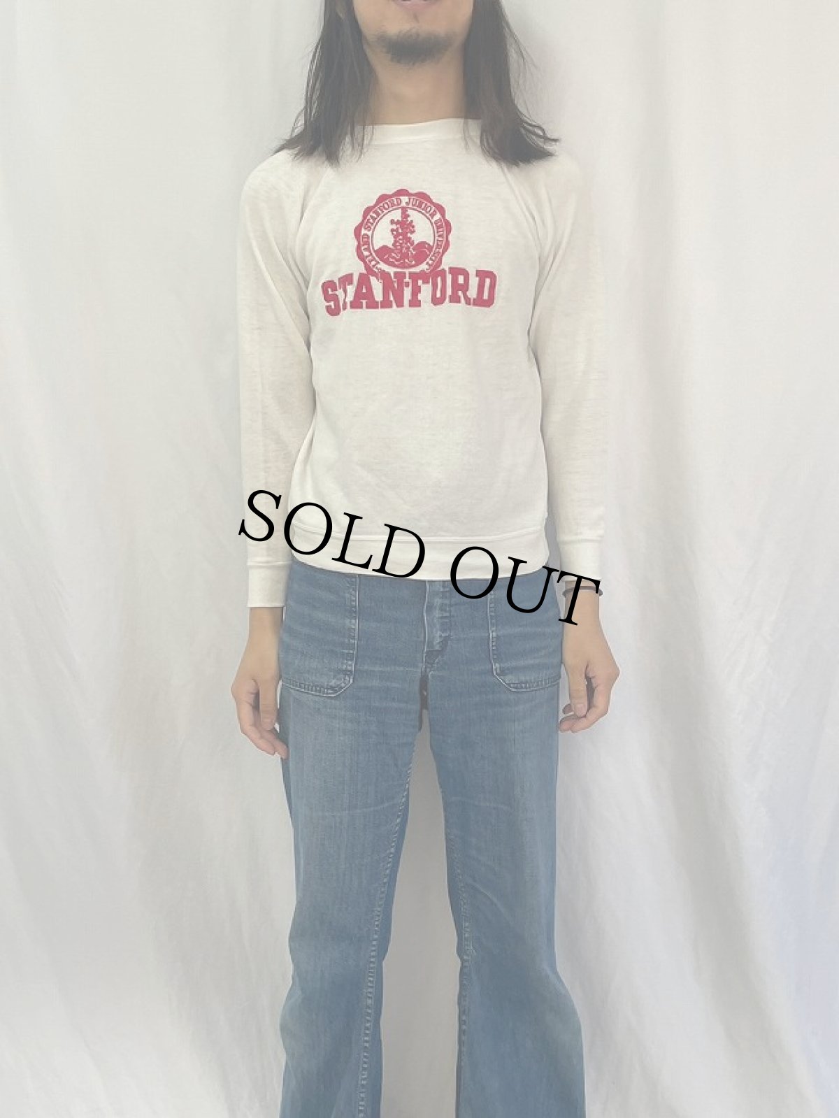画像2: 70's collegiate pacific "STANFORD" フロッキープリント ラグランスウェット (2)