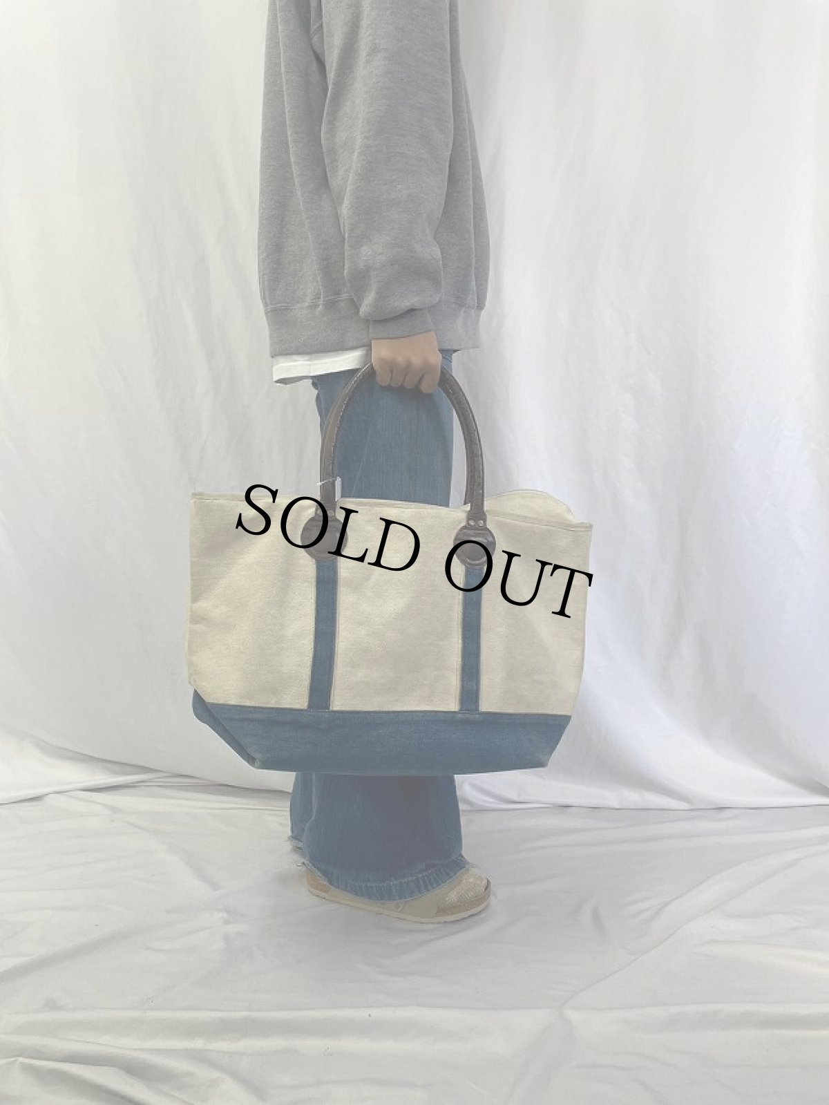 画像2: AM.PM. デニム切り替え レザーハンドルキャンバストートバッグ (2)