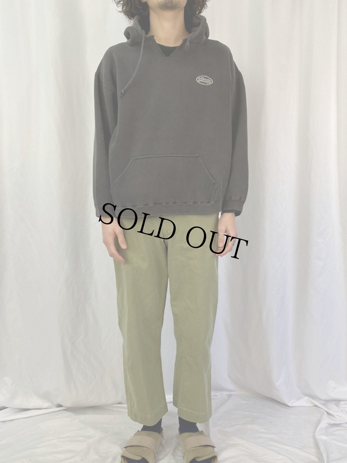 画像2: STUSSY ロゴ刺繍 スウェットフーディ L BLACK (2)