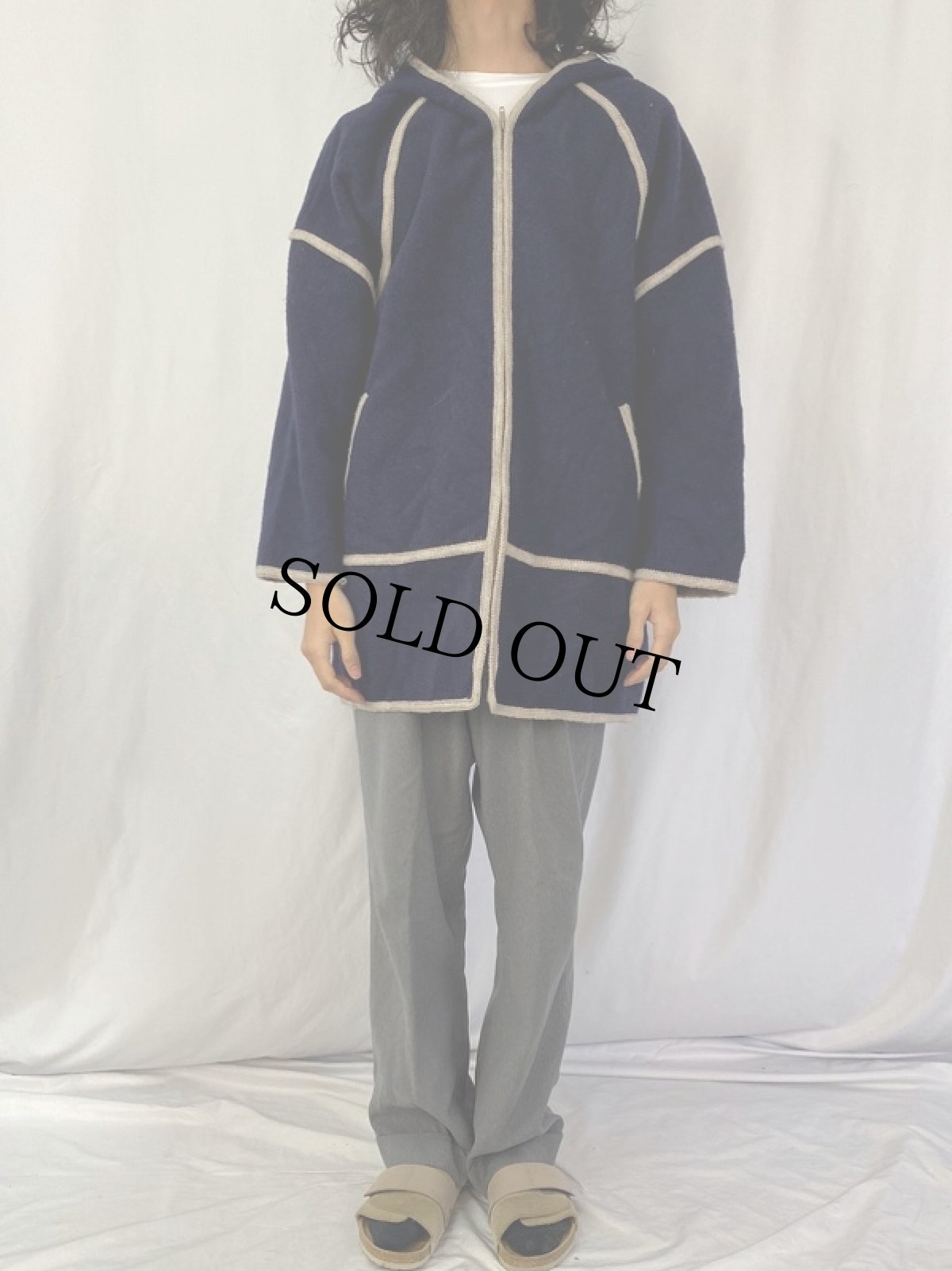 画像2: デザイン フード付き ウールジップコート NAVY (2)