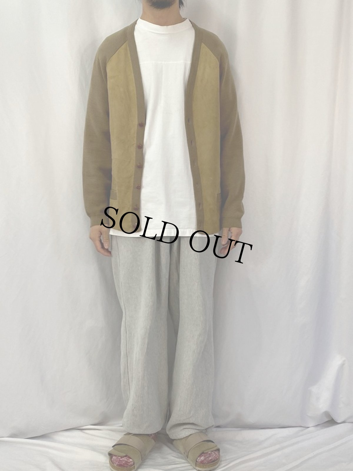 画像2: 60〜70's Ramsuede スエード切り替えニットカーディガン XL (2)