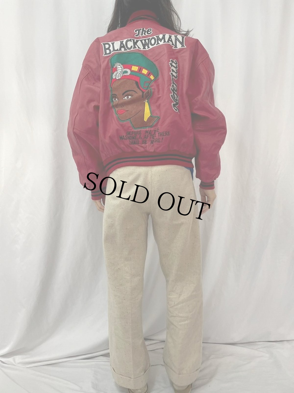 画像4: 90〜00's The Black Woman Nefertiti 刺繍 レザースタジャン XL (4)