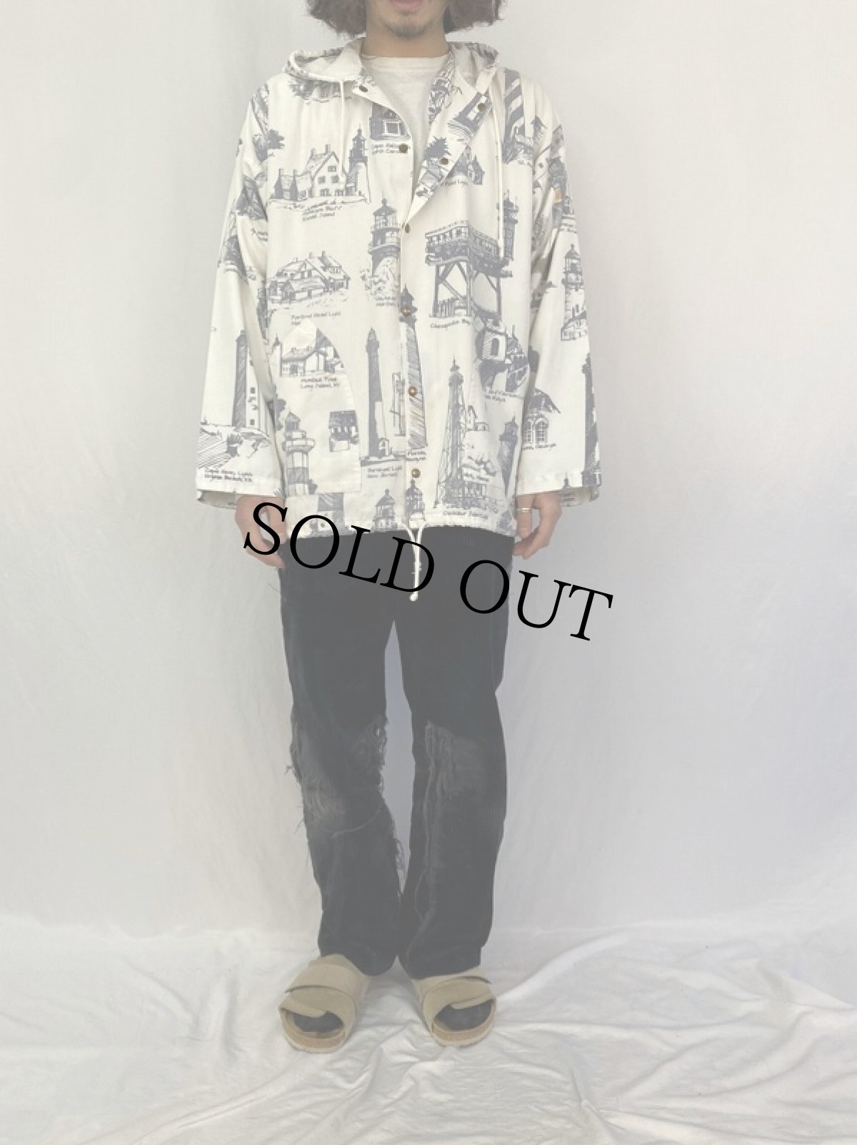 画像2: 80〜90's MICHIGAN RAG CO. ライトハウス柄 パーカー S (2)