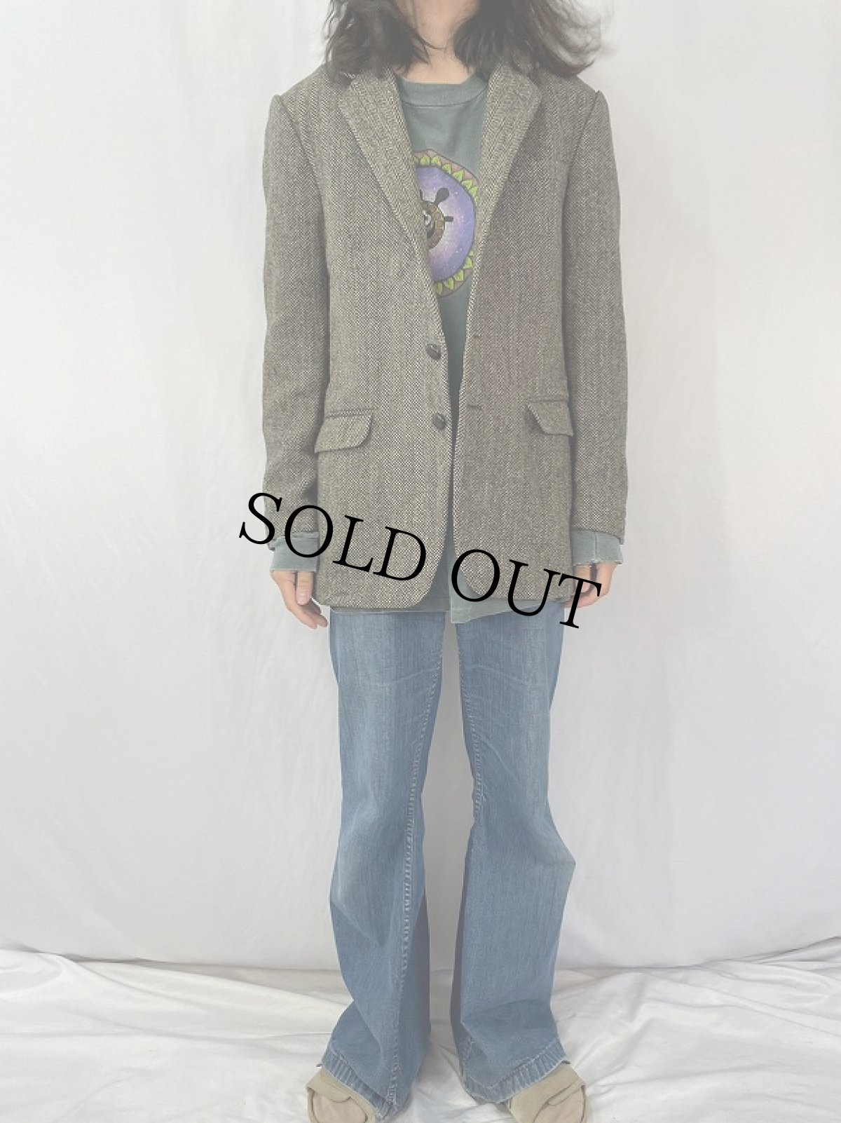 画像2: 80's HARRIS TWEED ヘリンボーン織り ツイードテーラードジャケット (2)