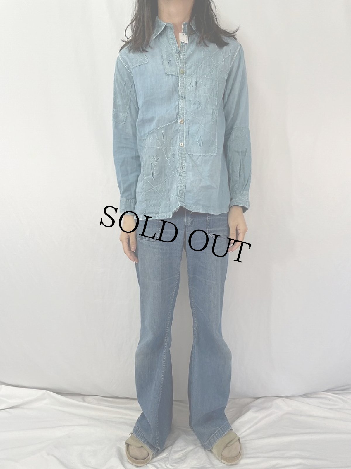 画像2: KAPITAL ボロ加工 パチワークシャンブレーシャツ L (2)